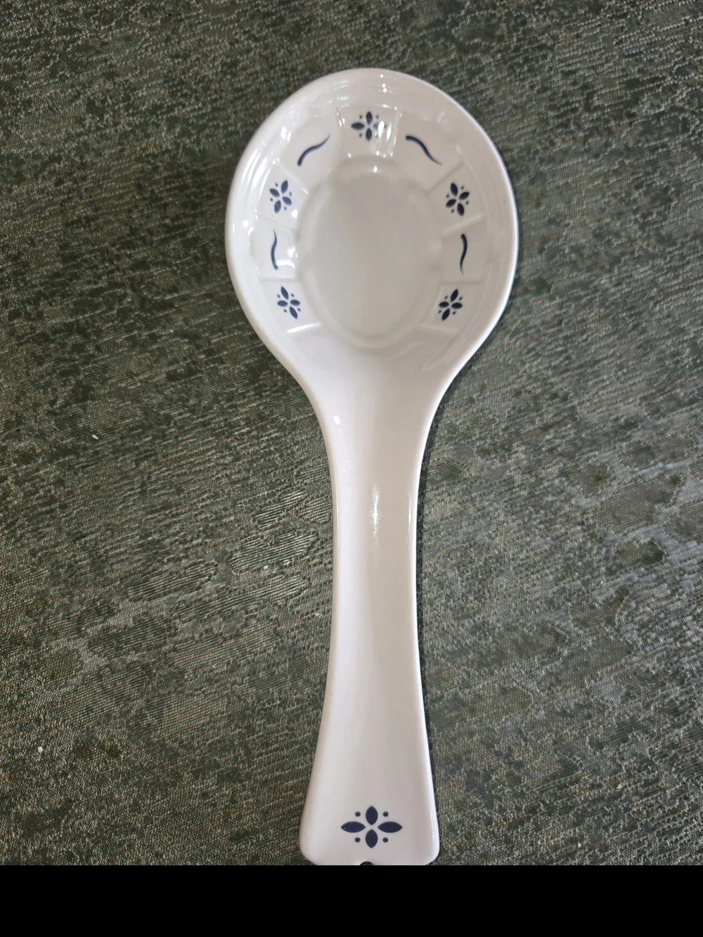 Longaberger Pottery Ceramic Spoon Rest - White with Blue Floral Accents